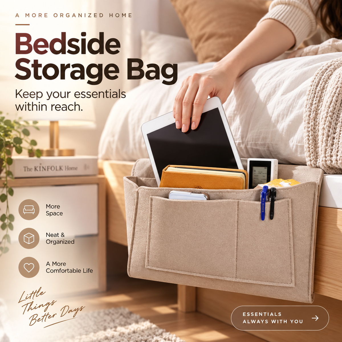 Organize Bedside Instantly! No-Tool Slide-In Storage Organizer