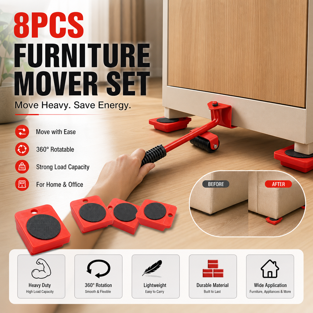 Move Heavy Furniture Instantly! 8-Piece Furniture Lifter & Slider Set
