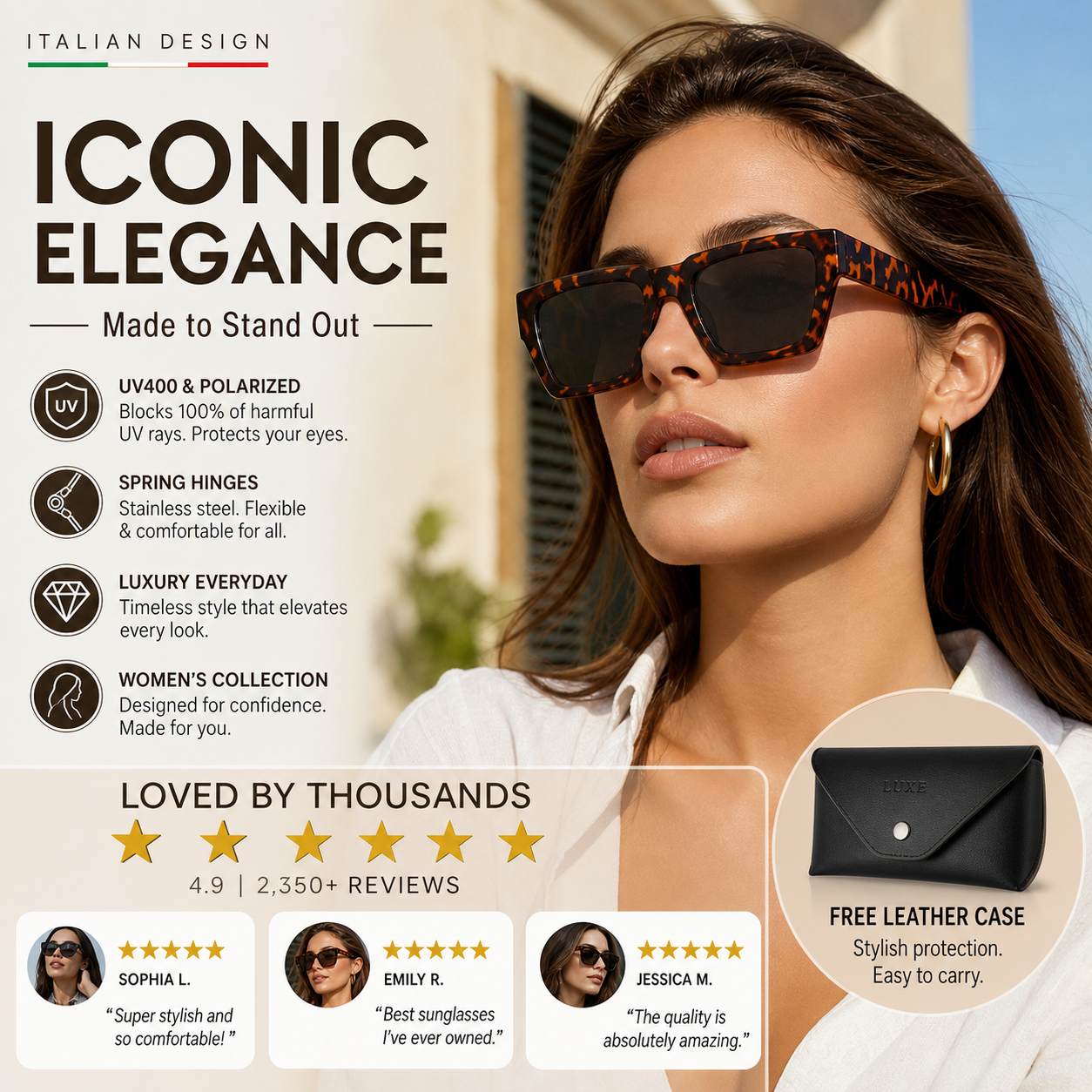 Italian-Design Polarized Sunglasses – UV 400 & Spring Hinges