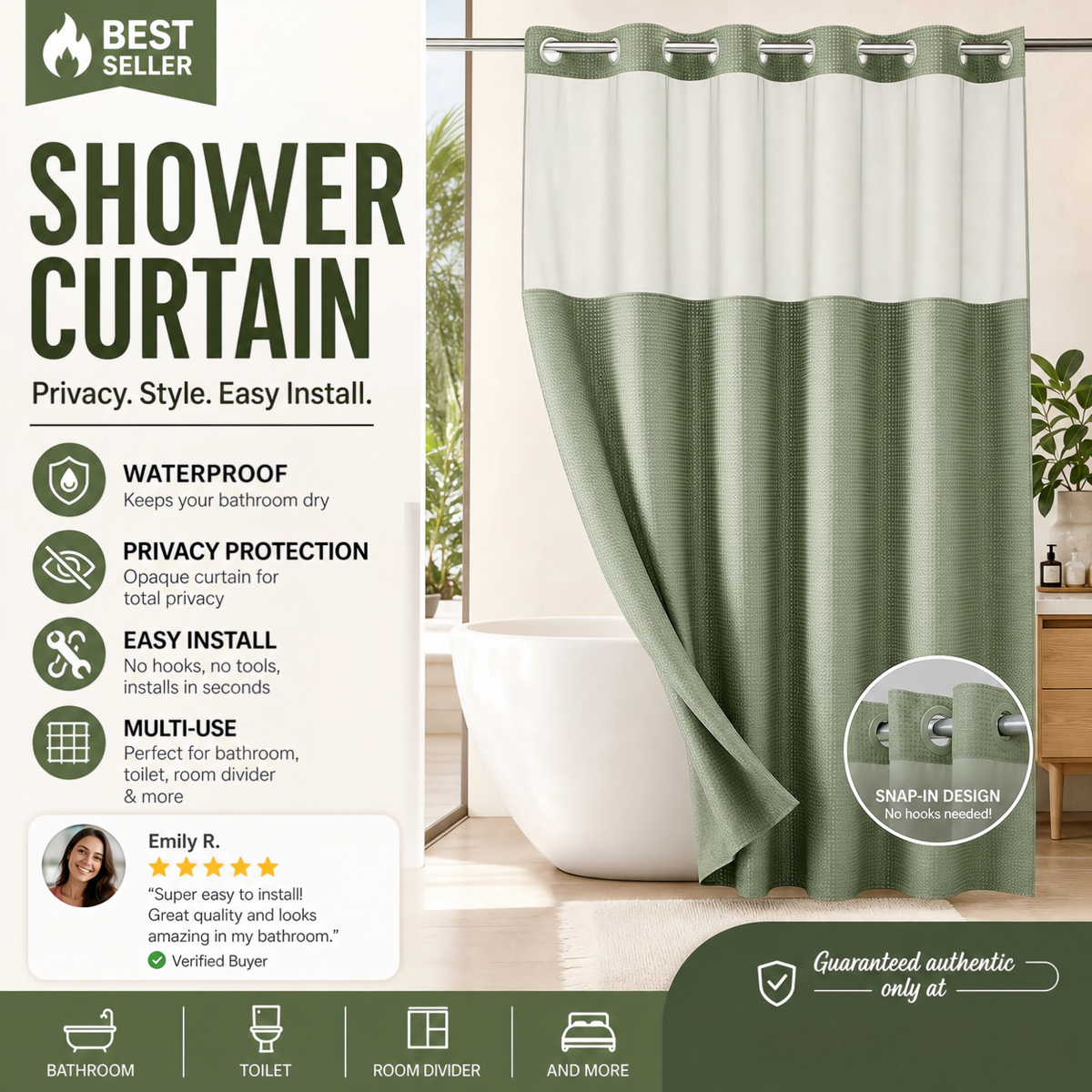 🛁✨50% OFF! 🚿🪟 Finally, a shower curtain that actually keeps water IN — no hooks, no leaks, waffle texture, bright & private. Over 12,658 bathrooms upgraded! ✨