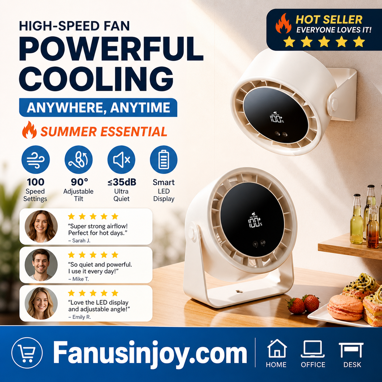 100-Speed Desk Fan – Stepless, Quiet & Dual-Use Design