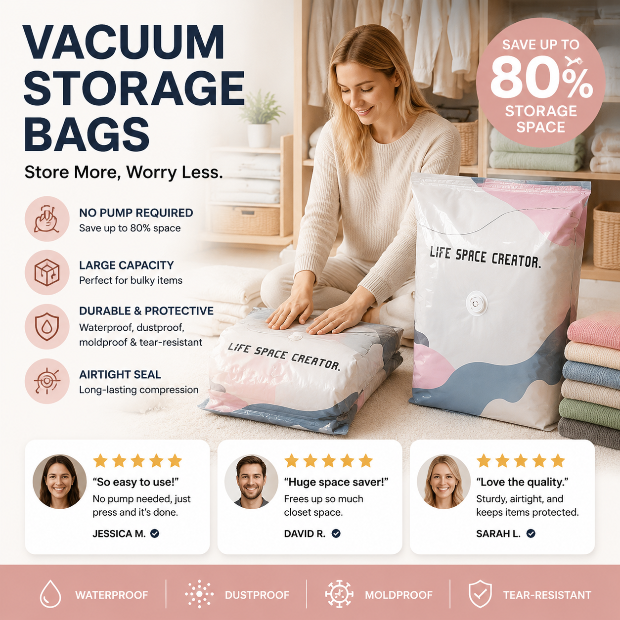 No-Pump Vacuum Storage Bags – Save 80% Space, Dry & Dust-Free🧳