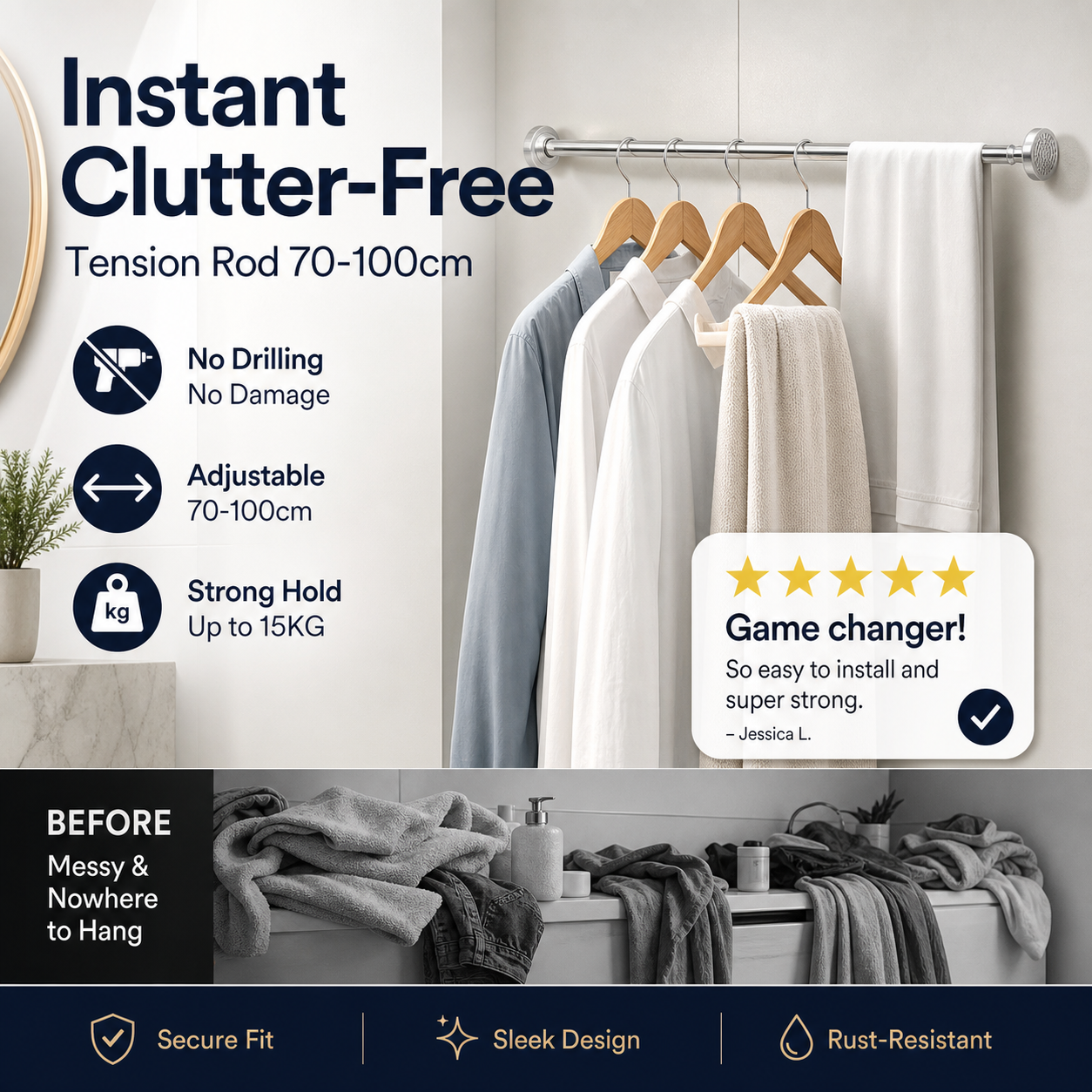 🥼👚 Create storage space anywhere anytime！Adjustable No-Drill Tension Rod