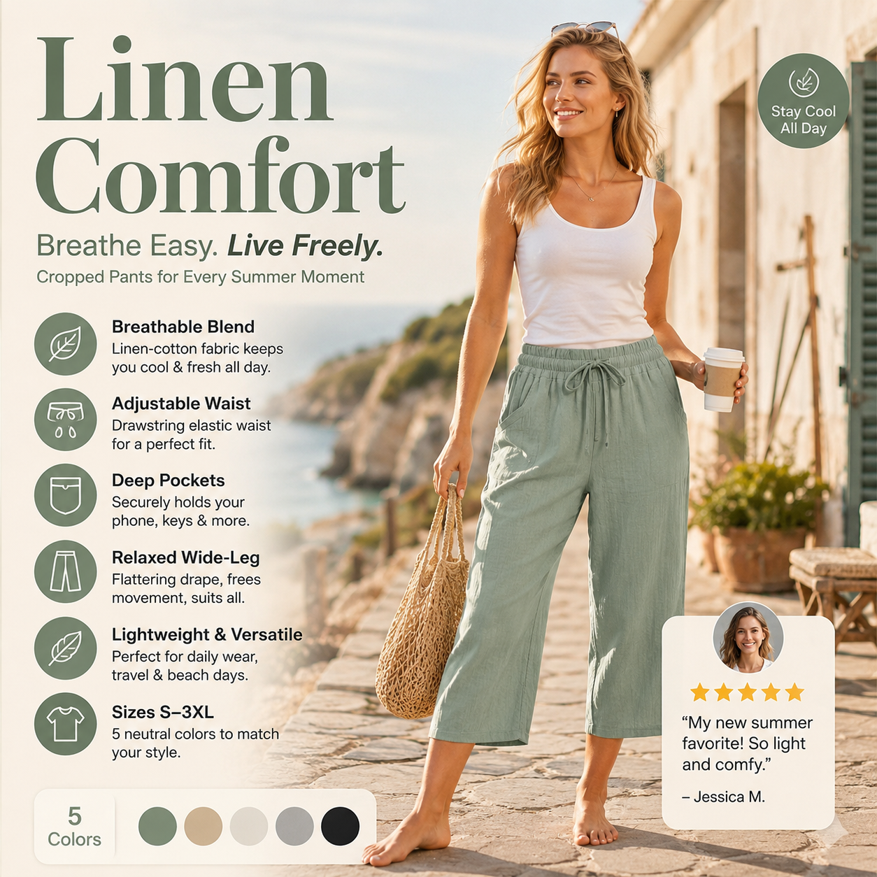 🍃 LIMITED-TIME 50% OFF! ✨ Women's Pleated Cropped Pants – Linen-Cotton, Wide-Leg, Comfortable 🌿