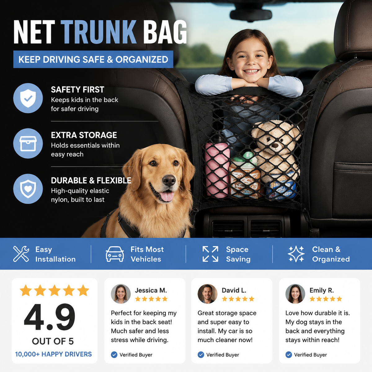 Keep Kids & Pets Back Instantly! Car Mesh Barrier Organizer