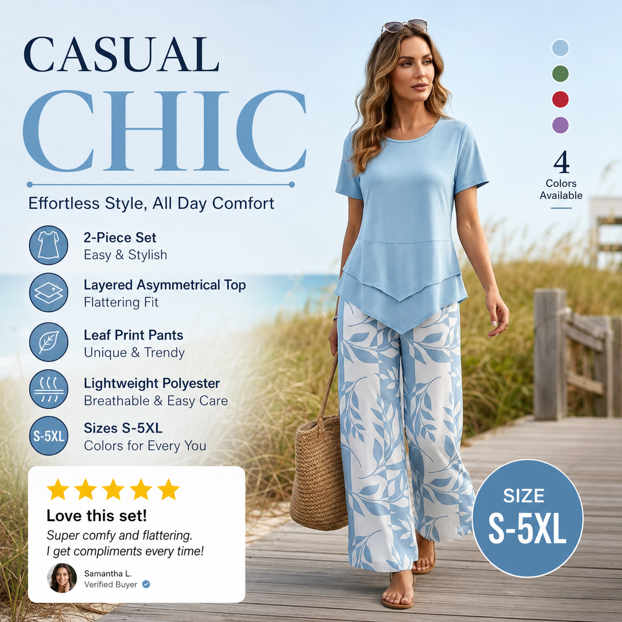 🎁2026 New Arrivals 50% OFF💥Women's 2-Piece Set – Layered Asymmetrical Tunic Top & Printed Wide Leg Pants, Breathable Polyester✨