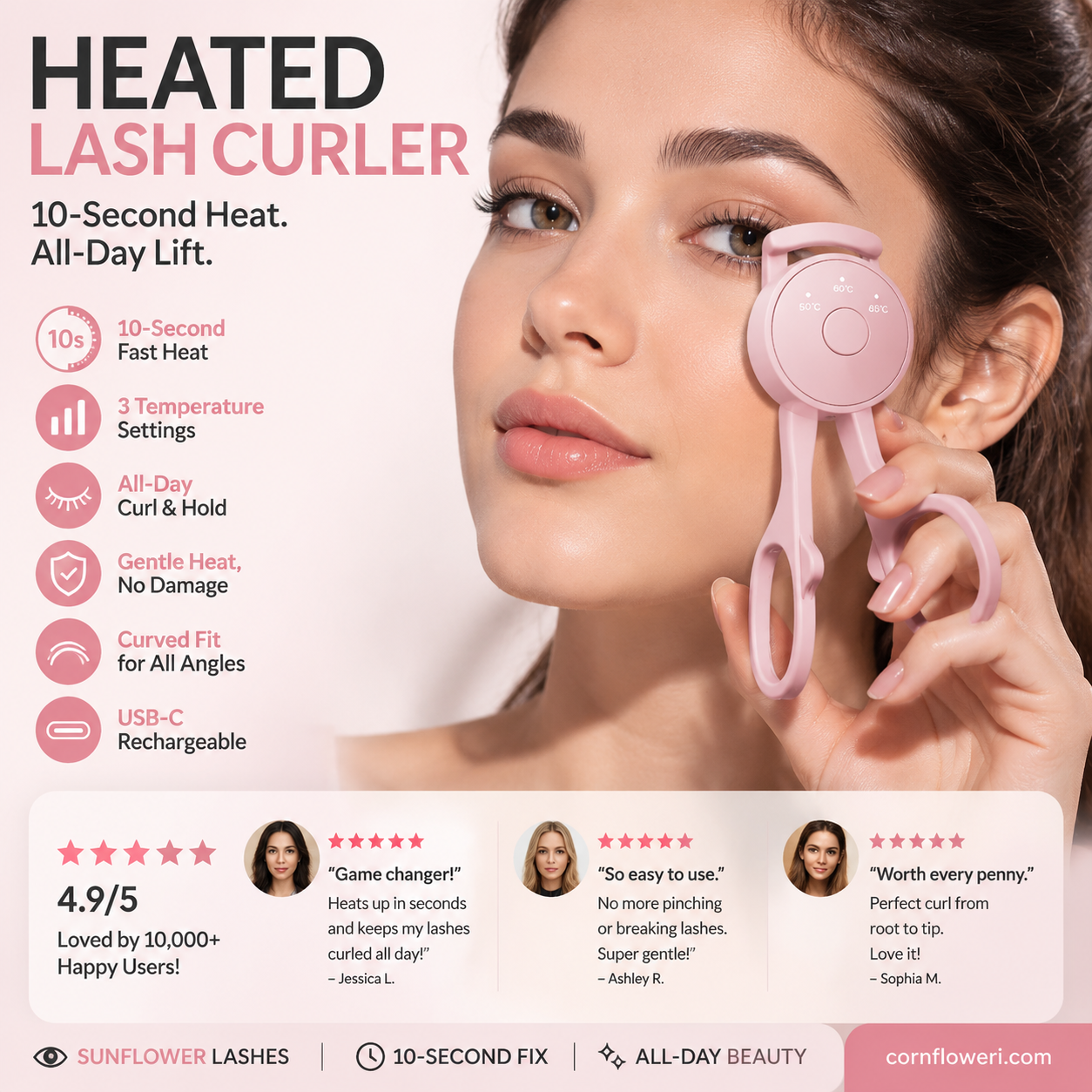 Heated Eyelash Curler – 3 Temps, Rechargeable & Portable