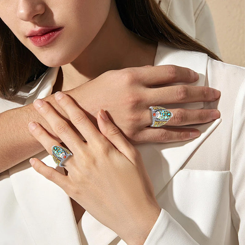 ✨Turquoise Six-character Mantra Nine-eyed Dzi Bead Ring - BUY 2 FREE SHIPPING