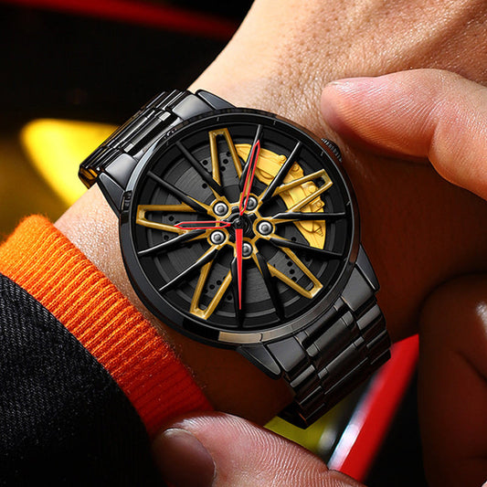 Men's 3D Rotating Skeleton Car Wheel Wrist Watch