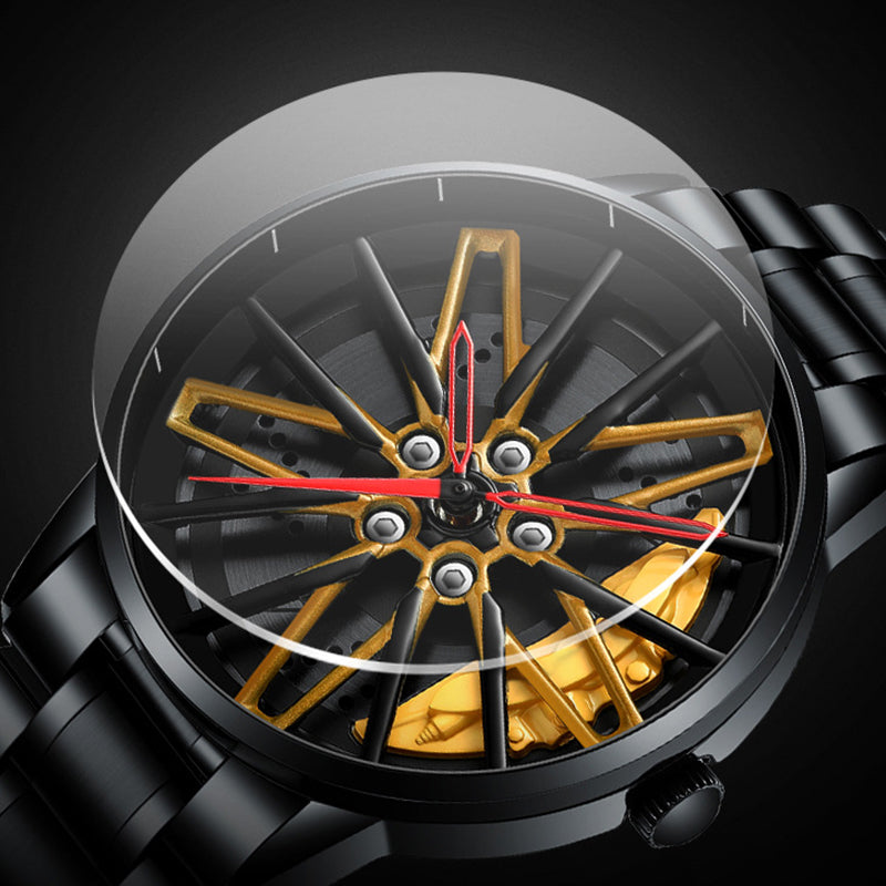 Men's 3D Rotating Skeleton Car Wheel Wrist Watch