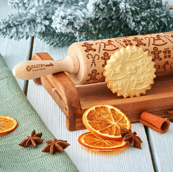Stamp Cookies Instantly! No-Stick Engraved Beech Rolling Pin