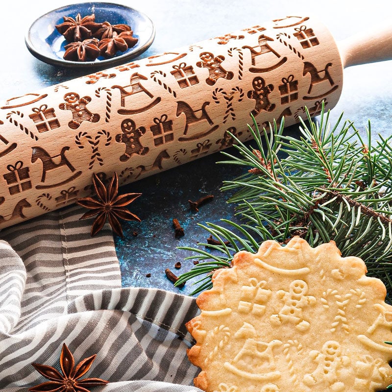 Stamp Cookies Instantly! No-Stick Engraved Beech Rolling Pin