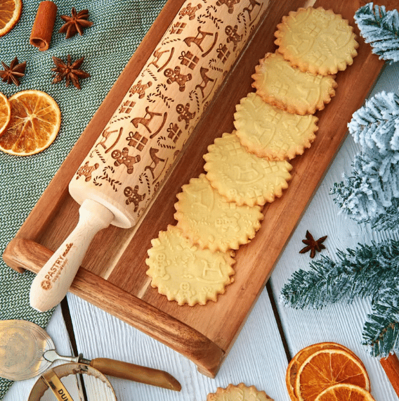 Stamp Cookies Instantly! No-Stick Engraved Beech Rolling Pin