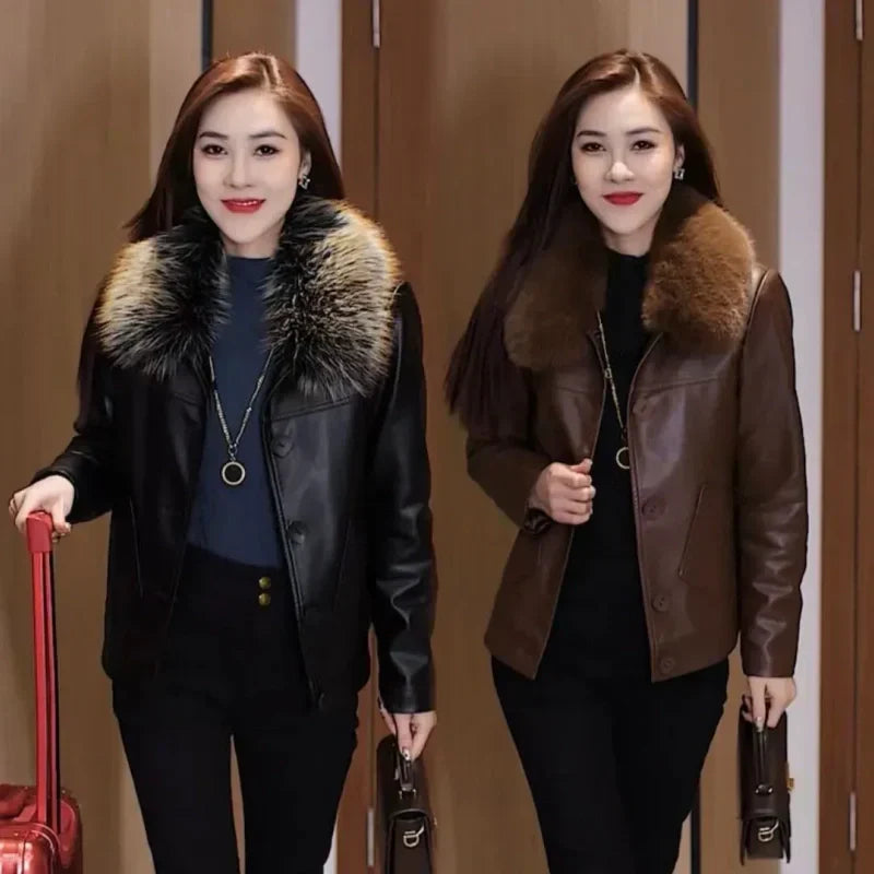 🔥Black Friday Mega Sale🔥Women's Warm PU Leather Jacket with Plush Collar