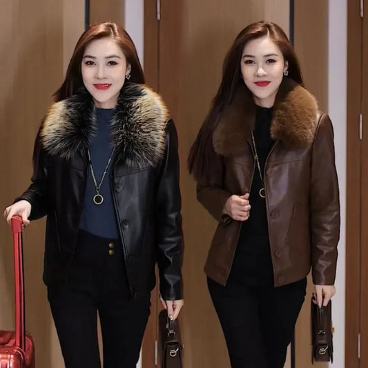 🔥Black Friday Mega Sale🔥Women's Warm PU Leather Jacket with Plush Collar