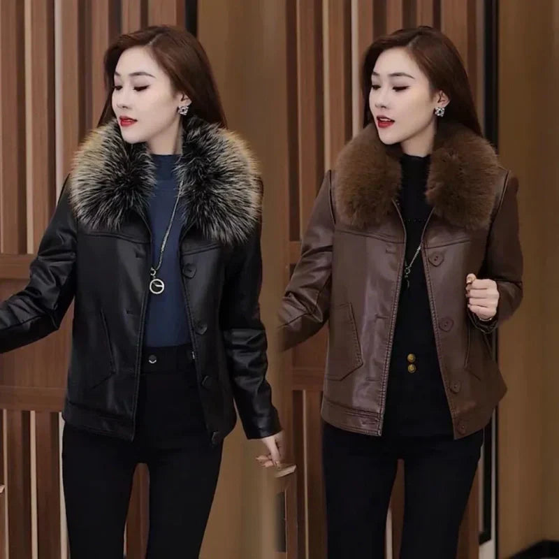 🔥Black Friday Mega Sale🔥Women's Warm PU Leather Jacket with Plush Collar