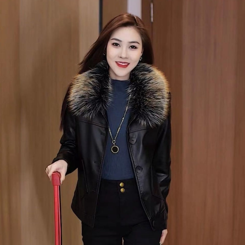 🔥Black Friday Mega Sale🔥Women's Warm PU Leather Jacket with Plush Collar