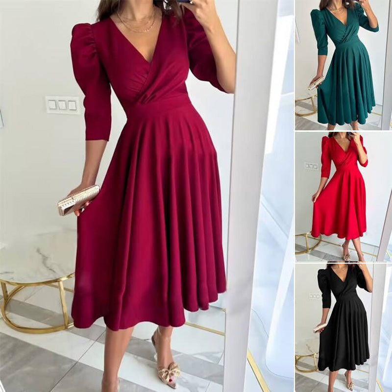 🌸Spring Specials💐 Women's V-Neck Pleated Waist-slimming Midi Dress - Flattering & Versatile for Every Spring Occasion