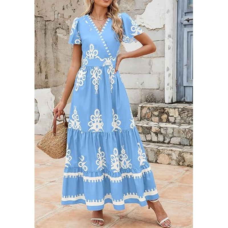 Boho Printed Maxi Dress – V-Neck, Pockets & Breathable💖