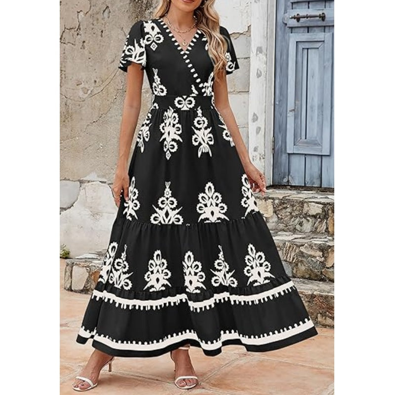 Boho Printed Maxi Dress – V-Neck, Pockets & Breathable💖