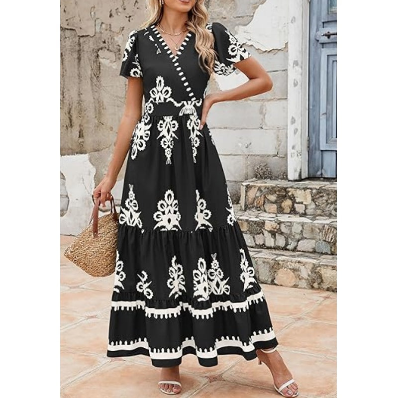 Boho Printed Maxi Dress – V-Neck, Pockets & Breathable💖