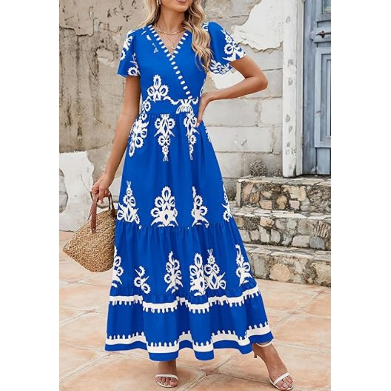 Boho Printed Maxi Dress – V-Neck, Pockets & Breathable💖
