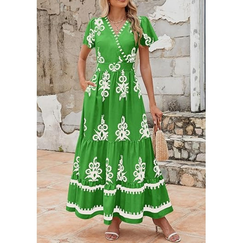 Boho Printed Maxi Dress – V-Neck, Pockets & Breathable💖