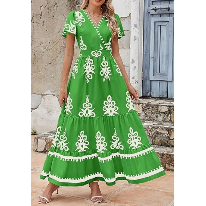 Boho Printed Maxi Dress – V-Neck, Pockets & Breathable💖