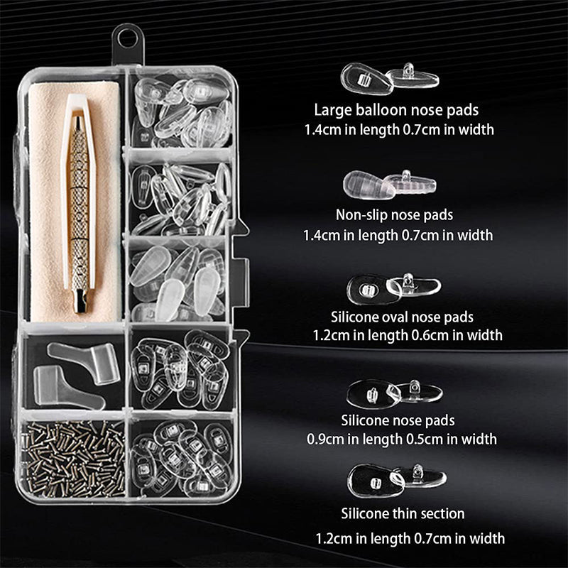 🔥Hot Sale 50% OFF🔥 Eyeglass Nose Pad Repair Kit – 22 Pairs Silicone Pads, Screws, Screwdriver, Tweezers 👓