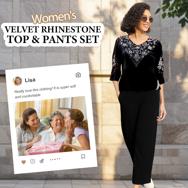 🔥Women's Velvet Rhinestone Top & Pants Set