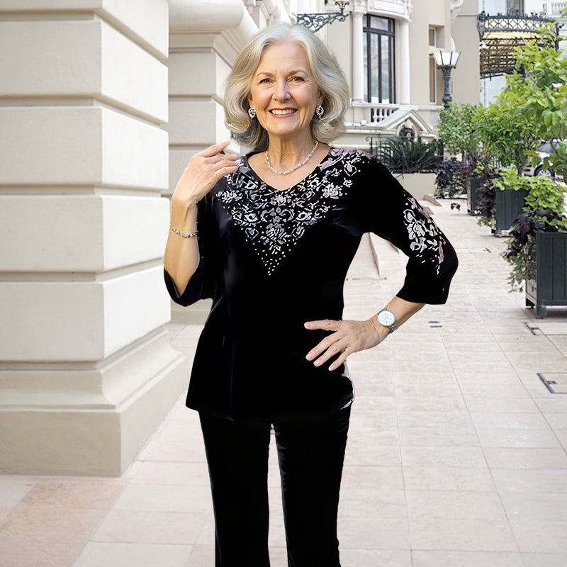 🔥Women's Velvet Rhinestone Top & Pants Set