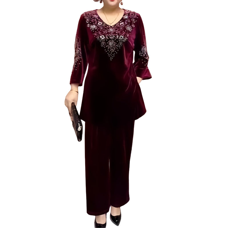 🔥Women's Velvet Rhinestone Top & Pants Set