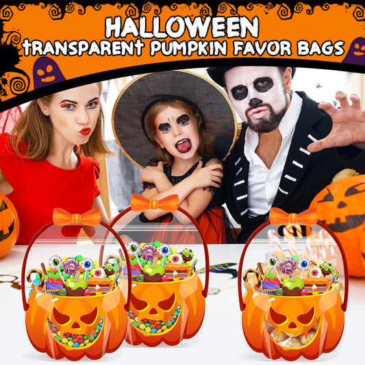 20-Pack Pumpkin Halloween Treat Bags – Resealable Clear Party Favour Bags with Handles