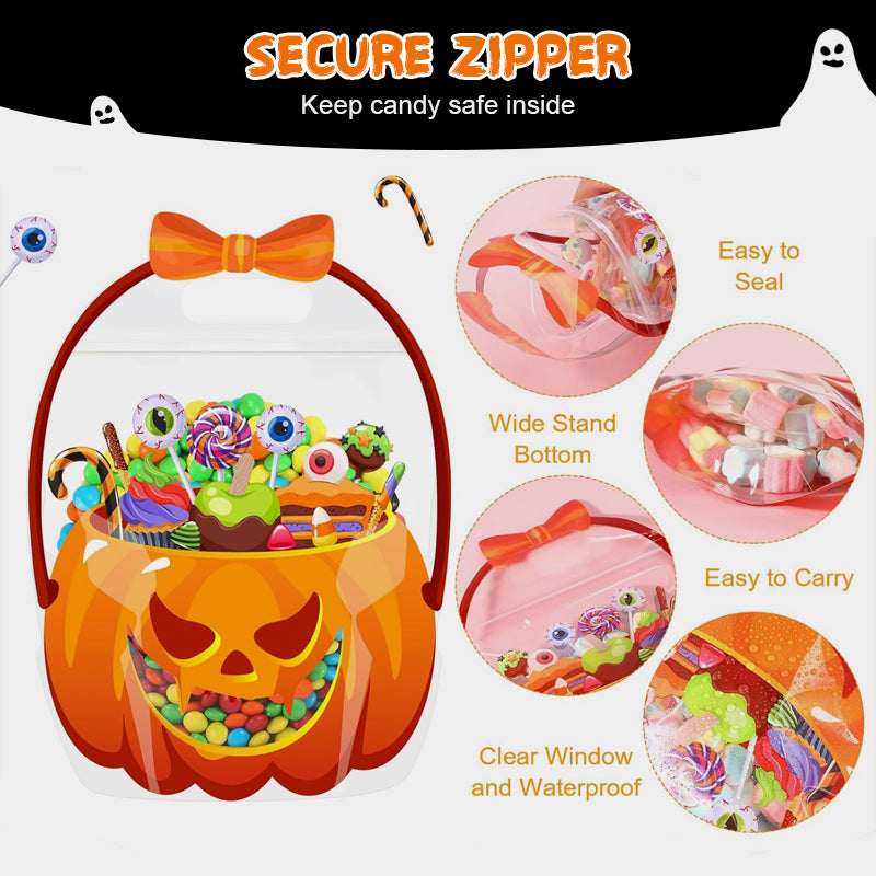 20-Pack Pumpkin Halloween Treat Bags – Resealable Clear Party Favour Bags with Handles
