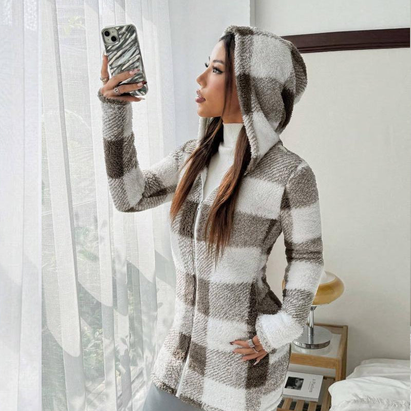 ✨FREE SHIPPING✨|🔥Hot Sale Offers-Women's Plaid Zip-Up Hooded Jacket