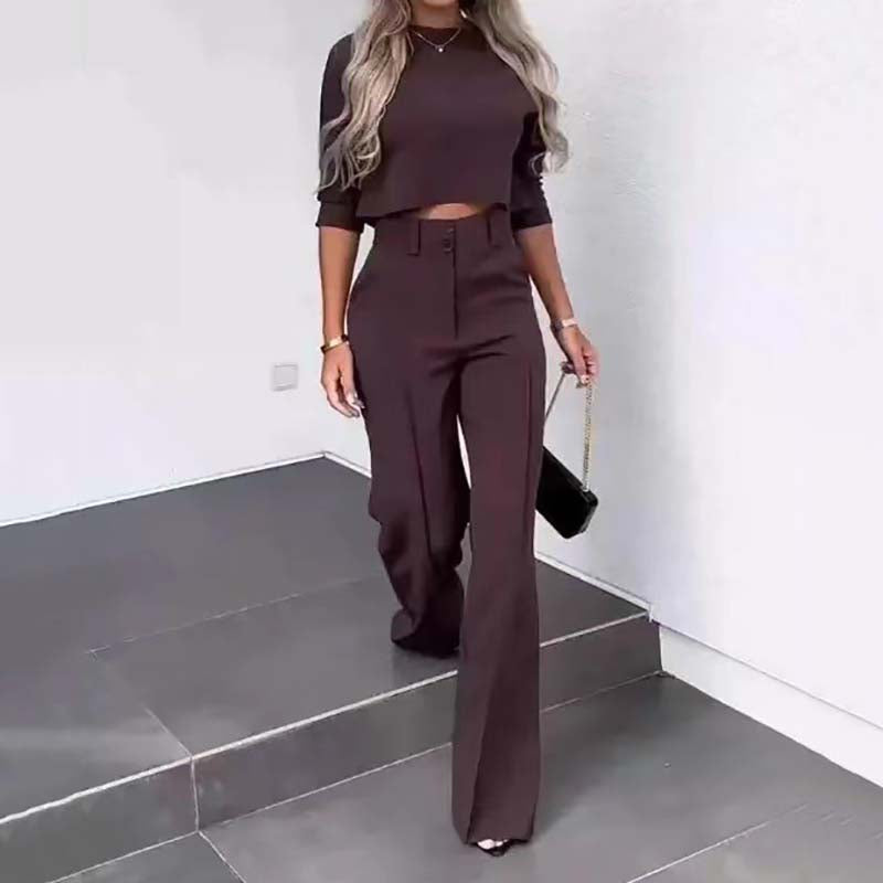 💖LAST DAY SALE 50% OFF!!✨Women's Wide-Leg Commuter Pants & Elegant Crop Top Set