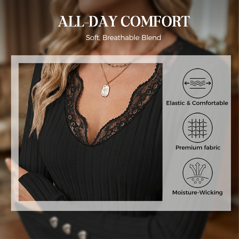 💕✨Women's Lace V-Neck Ribbed Knit Tops👕