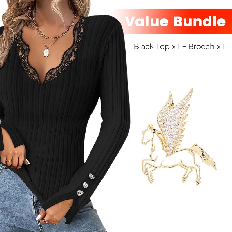 💕✨Women's Lace V-Neck Ribbed Knit Tops👕