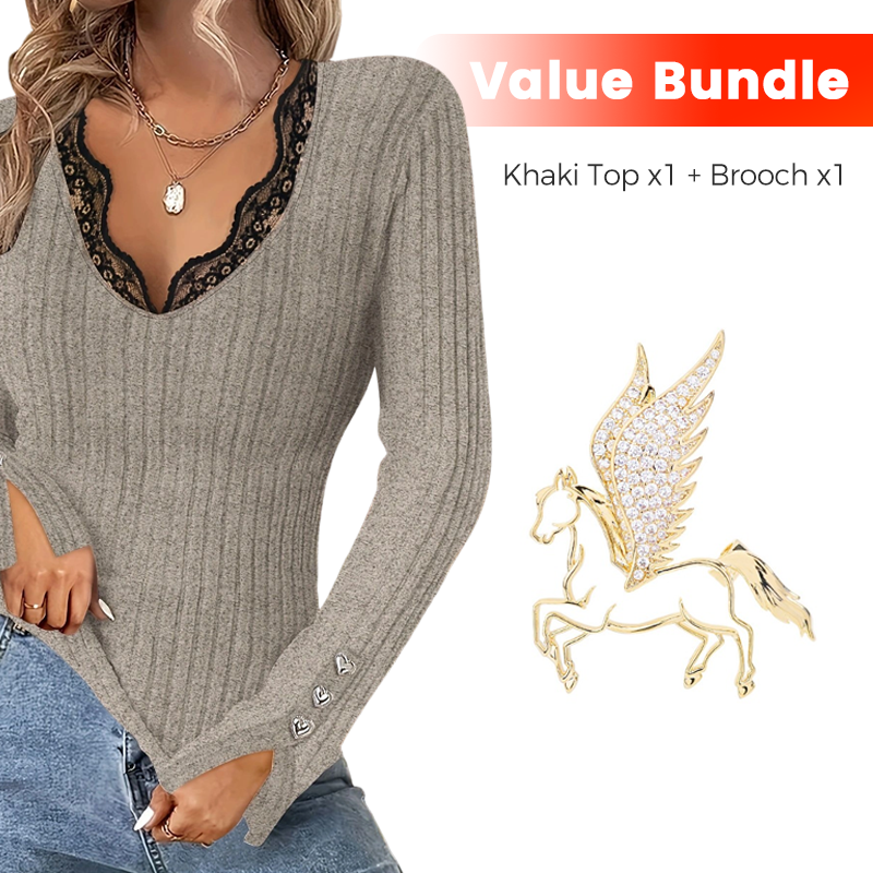 💕✨Women's Lace V-Neck Ribbed Knit Tops👕