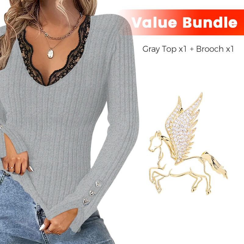 💕✨Women's Lace V-Neck Ribbed Knit Tops👕