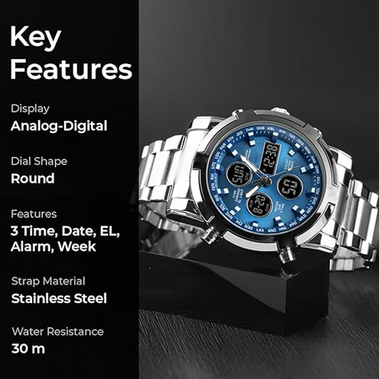 Bold 48mm Men's Analog-Digital Watch – Stainless Steel Strap