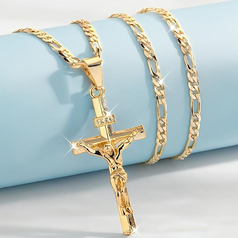 🔥 50% OFF! ⏰ Gold-Tone Crucifix Pendant Necklace – Detailed INRI Design, Adjustable Figaro Chain & Everyday Faith Jewelry ✝️✨