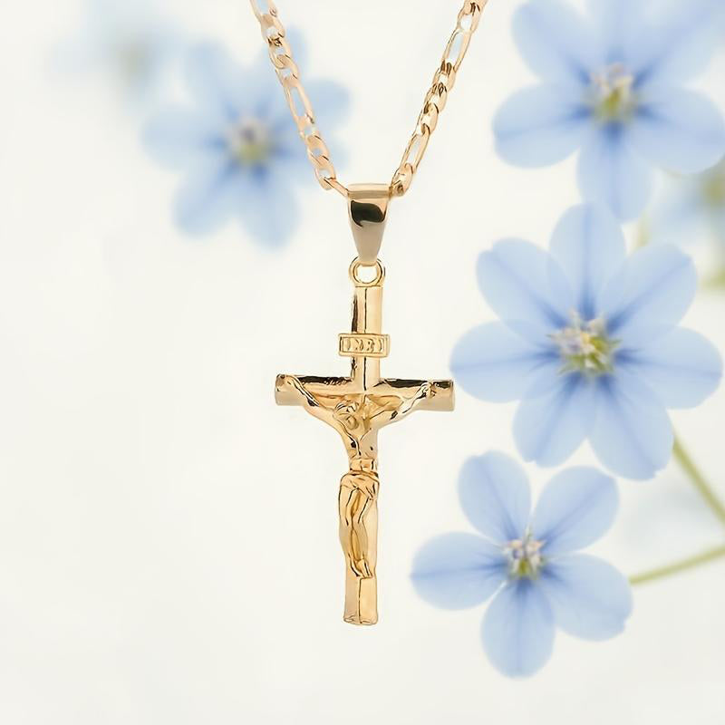🔥 50% OFF! ⏰ Gold-Tone Crucifix Pendant Necklace – Detailed INRI Design, Adjustable Figaro Chain & Everyday Faith Jewelry ✝️✨