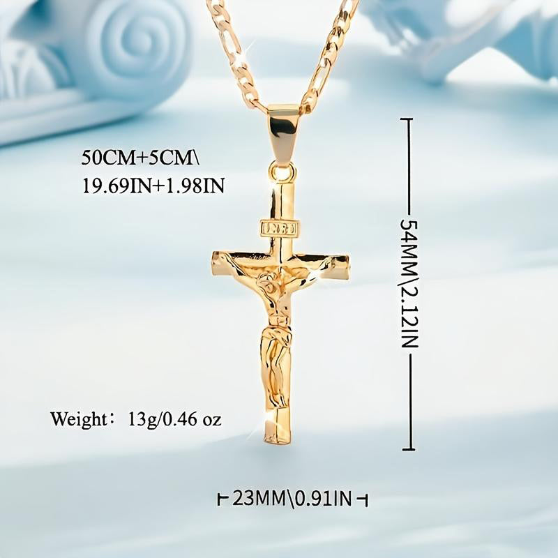 🔥 50% OFF! ⏰ Gold-Tone Crucifix Pendant Necklace – Detailed INRI Design, Adjustable Figaro Chain & Everyday Faith Jewelry ✝️✨