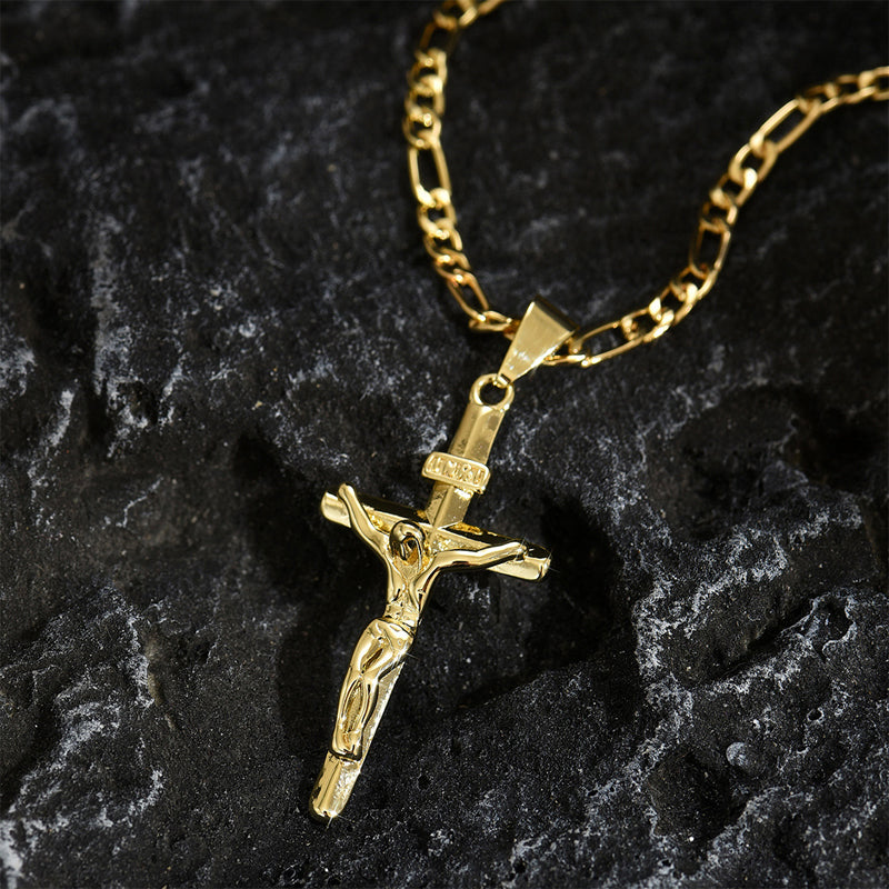 🔥 50% OFF! ⏰ Gold-Tone Crucifix Pendant Necklace – Detailed INRI Design, Adjustable Figaro Chain & Everyday Faith Jewelry ✝️✨