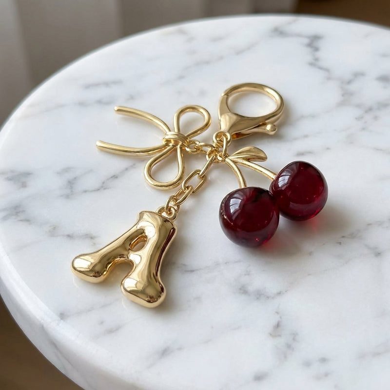 🔥Elegant Cherry Bow Initial Charm Keychain