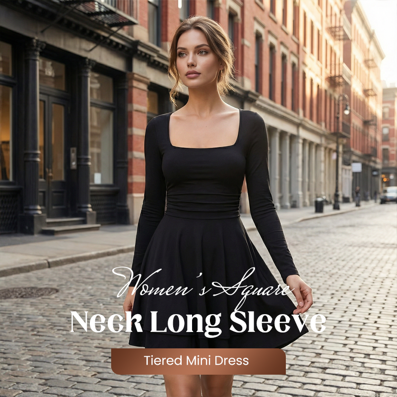 🔥Women’s Square Neck Long Sleeve Tiered Mini Dress