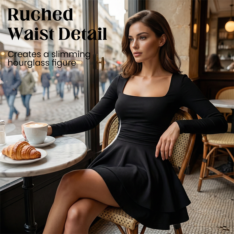 🔥Women’s Square Neck Long Sleeve Tiered Mini Dress