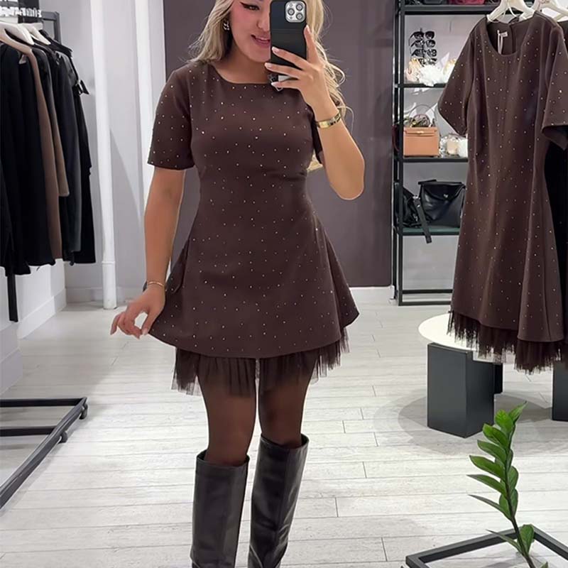 Women’s Sparkling Lace Trim Short-Sleeve Mini Dress