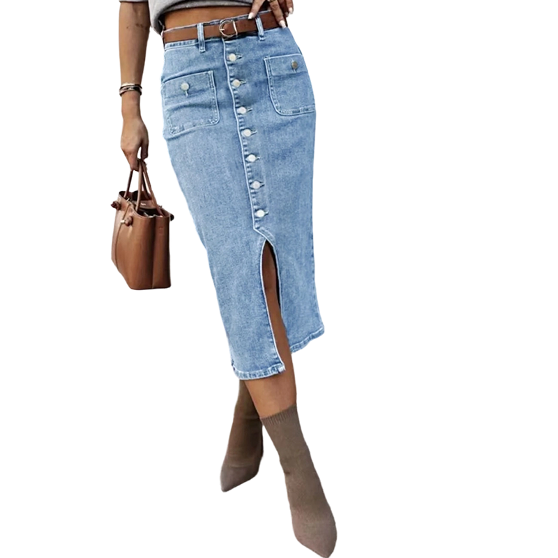 High-Waist Button-Front Denim Skirt